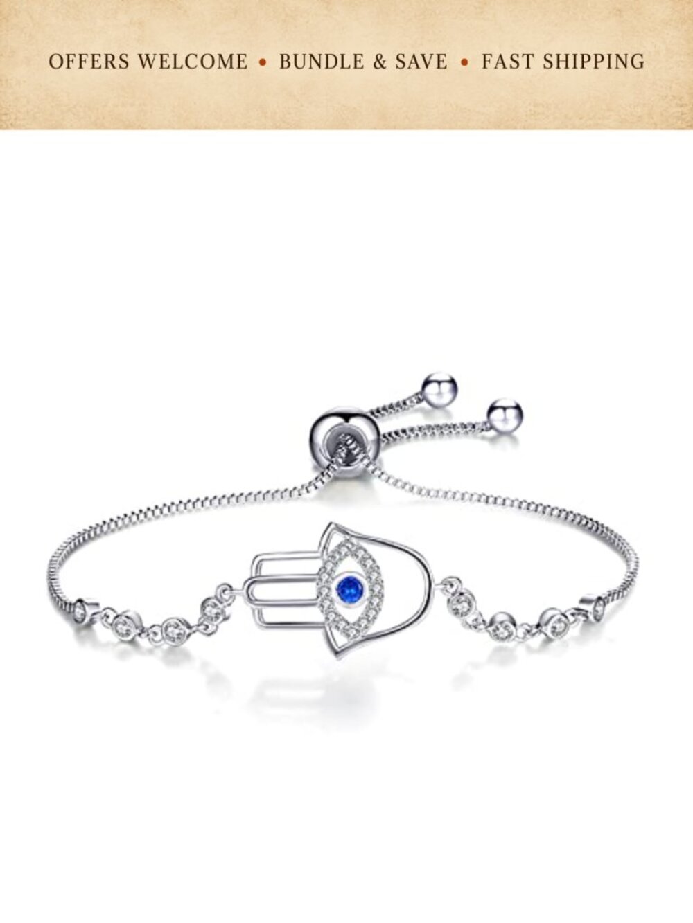 Evil Eye Hamsa Hand Bracelet Silver Plated Copper Adjustable Protection